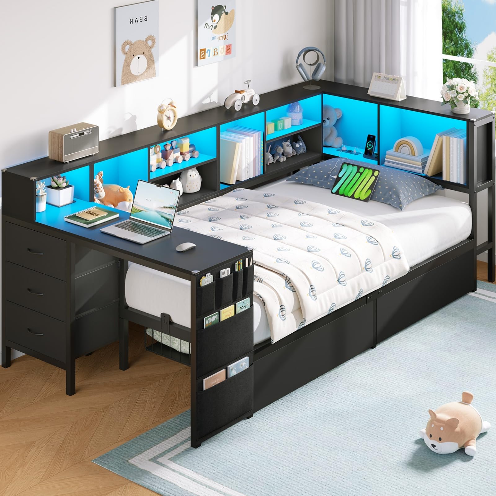 Lit banquette Brinlawb 90x190cm avec LED RGB et rangements